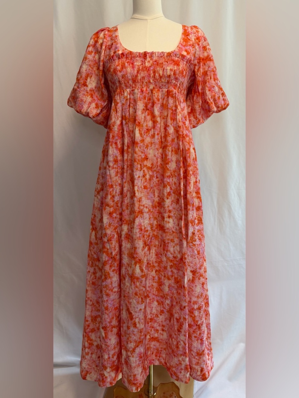 Anthropologie Orange Smocked Floral Babydoll Maxi Dress NWOT Cottagecore Small